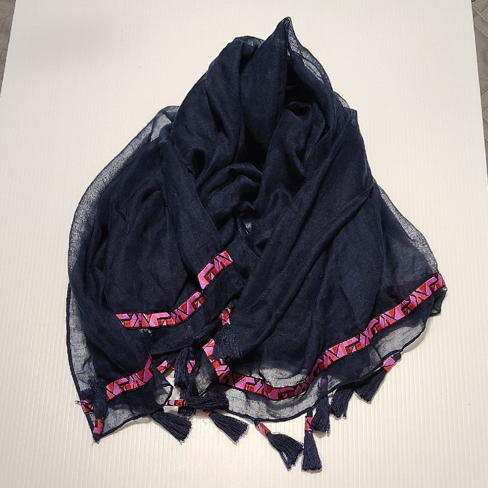 Navy Blue Lightweight Scarf w/ Pink/Purple/Red Geometric Design & Tassels